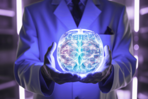 Doctor in a lab coat holding a 3D hologram of a brain